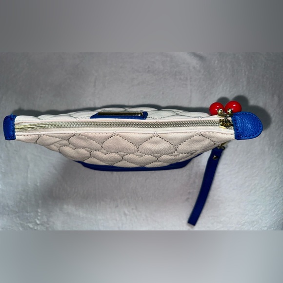 Betsey Johnson Pouch in Blue & White w/ Stitched Heart Design & Cherry C… - Picture 3 of 7